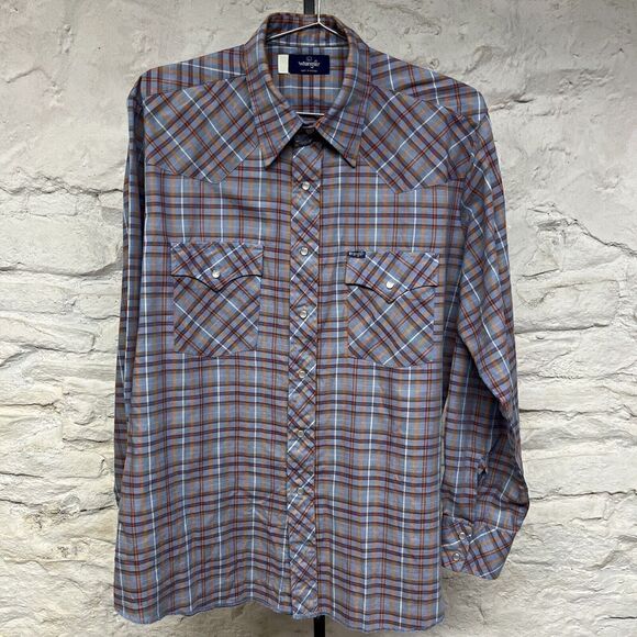 Vintage 70s 80s Wrangler Western Pearl Snap Plaid Shirt Cowboy Rodeo Blue - Picture 1 of 6